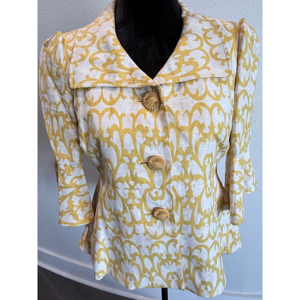 Semantiks 4 Damask Yellow White Linen Cotton Jacket Blazer Peplum Button Front